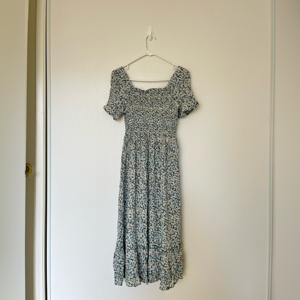 Green and White Floral Tiered Midi Sundress